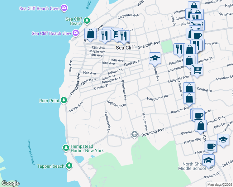map of restaurants, bars, coffee shops, grocery stores, and more near 5 Lafayette Place in Sea Cliff