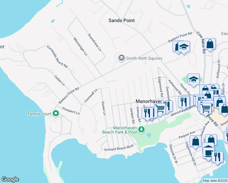 map of restaurants, bars, coffee shops, grocery stores, and more near 39 Marwood Road North in Port Washington