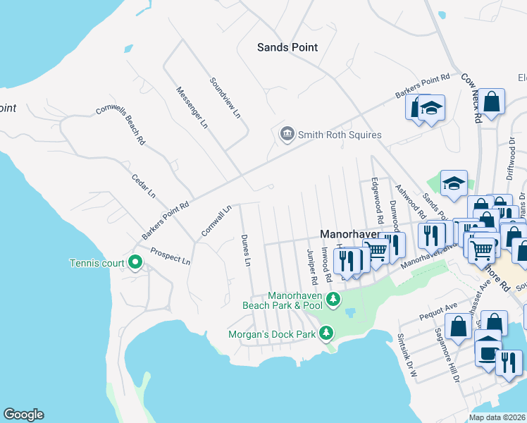 map of restaurants, bars, coffee shops, grocery stores, and more near 39 Marwood Road North in Port Washington