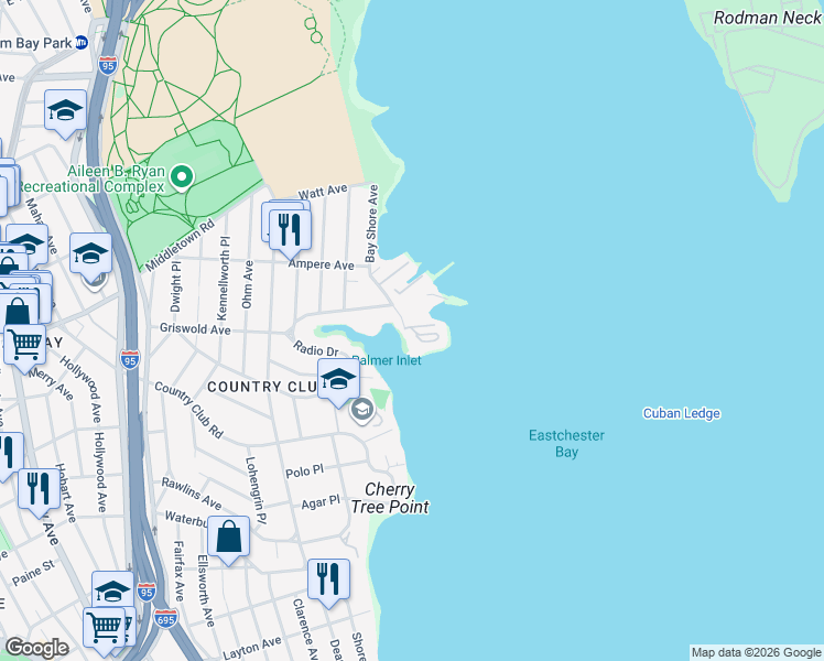 map of restaurants, bars, coffee shops, grocery stores, and more near 1414 Outlook Avenue in Bronx