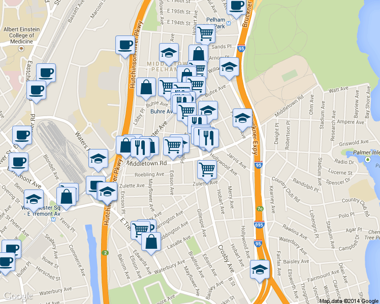 map of restaurants, bars, coffee shops, grocery stores, and more near 2944 Middletown Road in Bronx