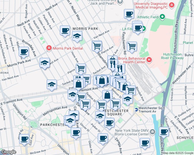 map of restaurants, bars, coffee shops, grocery stores, and more near 2541 East Tremont Avenue in The Bronx