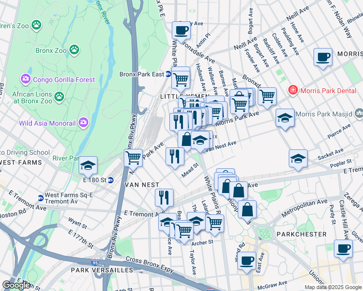 map of restaurants, bars, coffee shops, grocery stores, and more near 1714 Fillmore Street in The Bronx