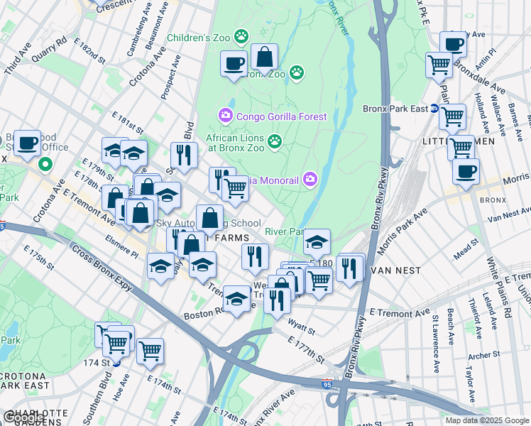 map of restaurants, bars, coffee shops, grocery stores, and more near 2123 Boston Road in Bronx