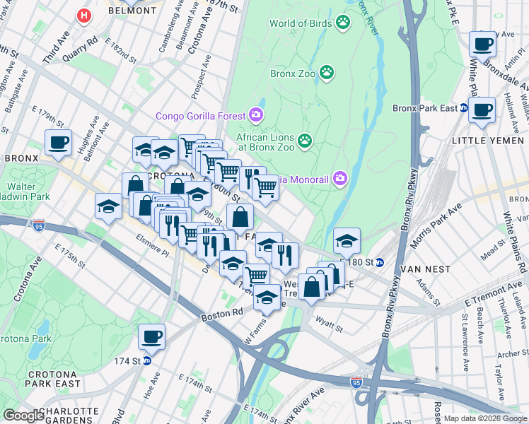 map of restaurants, bars, coffee shops, grocery stores, and more near in The Bronx