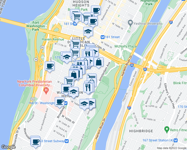 map of restaurants, bars, coffee shops, grocery stores, and more near 2301 Amsterdam Avenue in New York