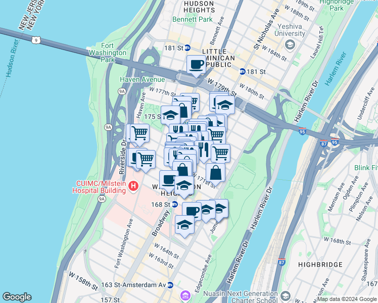 map of restaurants, bars, coffee shops, grocery stores, and more near 1236 Saint Nicholas Avenue in New York