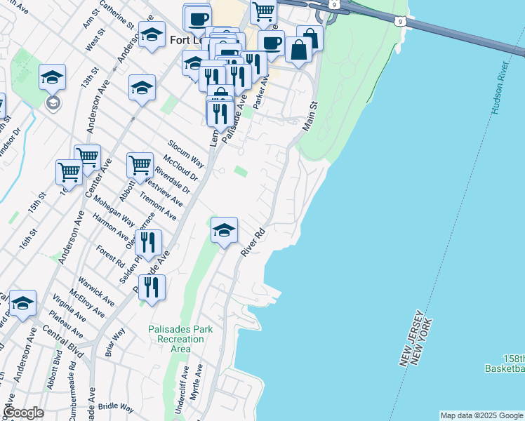 map of restaurants, bars, coffee shops, grocery stores, and more near 1444 River Road in Edgewater