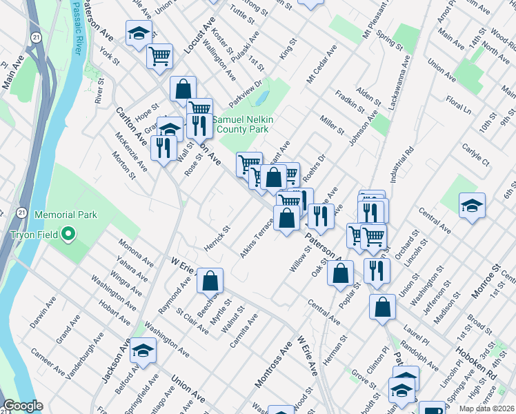 map of restaurants, bars, coffee shops, grocery stores, and more near 15 Atkins Terrace in East Rutherford