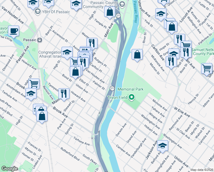 map of restaurants, bars, coffee shops, grocery stores, and more near 27 Palmer Street in Passaic