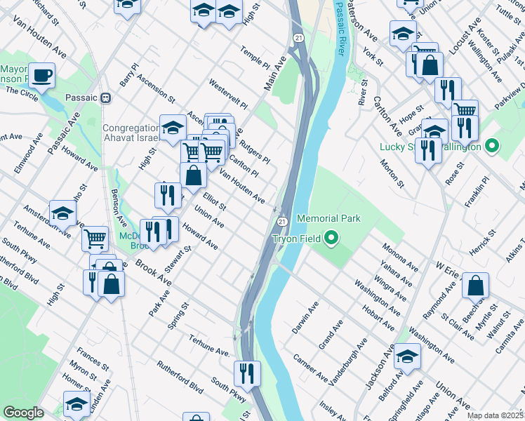 map of restaurants, bars, coffee shops, grocery stores, and more near 27 Palmer Street in Passaic