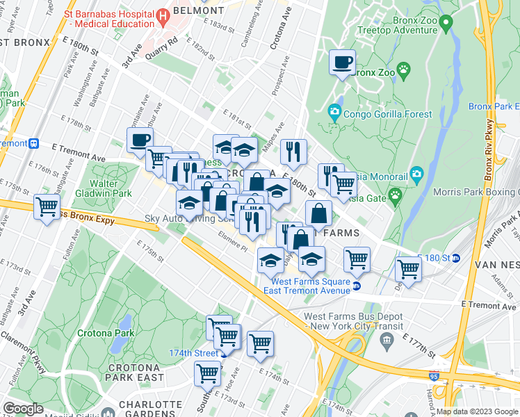 map of restaurants, bars, coffee shops, grocery stores, and more near 1973b Southern Boulevard in Bronx