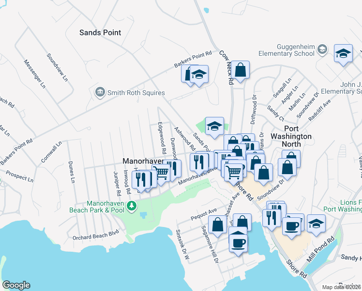 map of restaurants, bars, coffee shops, grocery stores, and more near 35 Cottonwood Road in Port Washington