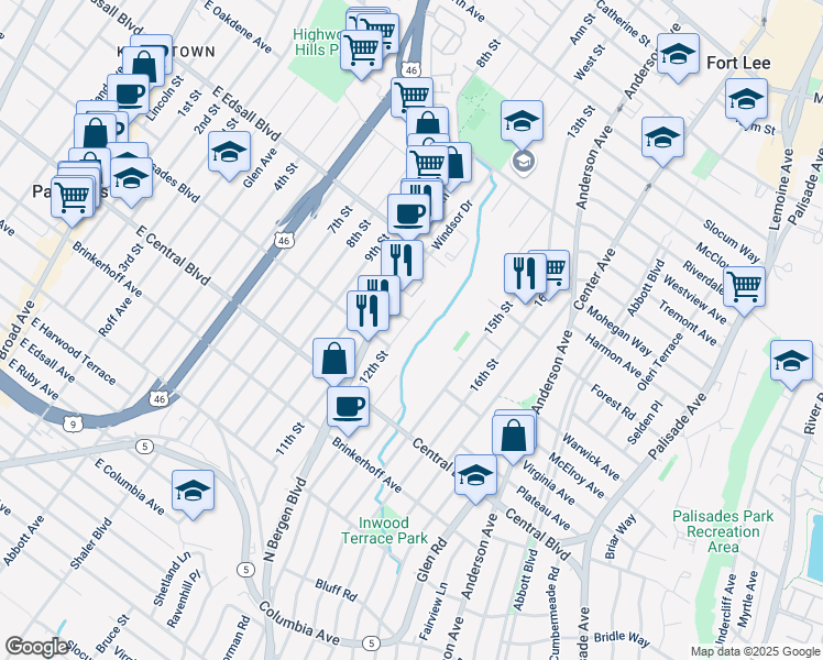 map of restaurants, bars, coffee shops, grocery stores, and more near 800 12th Street in Palisades Park