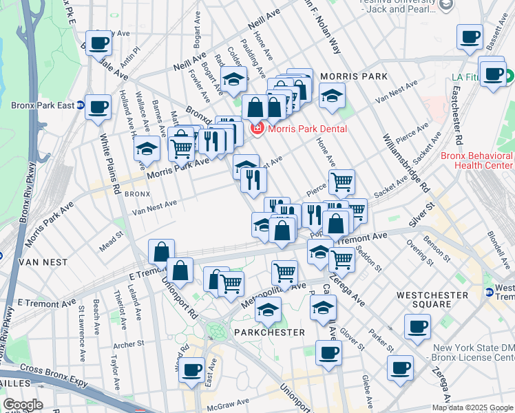 map of restaurants, bars, coffee shops, grocery stores, and more near 1601 Bronxdale Avenue in The Bronx