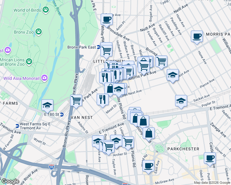 map of restaurants, bars, coffee shops, grocery stores, and more near in The Bronx