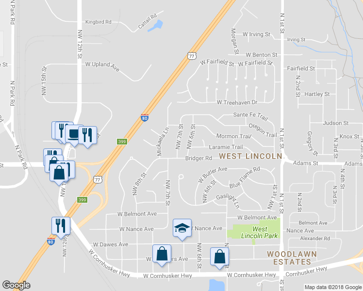map of restaurants, bars, coffee shops, grocery stores, and more near 3040 Northwest 7th Street in Lincoln