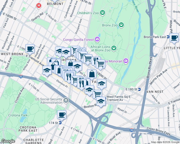 map of restaurants, bars, coffee shops, grocery stores, and more near 2061 Daly Avenue in Bronx