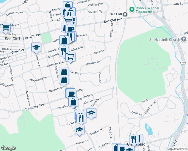 map of restaurants, bars, coffee shops, grocery stores, and more near 13 Central Drive in Glen Head