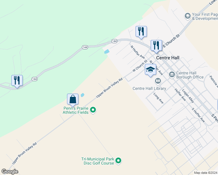 map of restaurants, bars, coffee shops, grocery stores, and more near Upper Brush Valley Road in Centre Hall