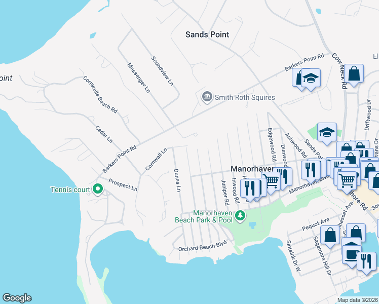 map of restaurants, bars, coffee shops, grocery stores, and more near 39 Marwood Road North in Port Washington