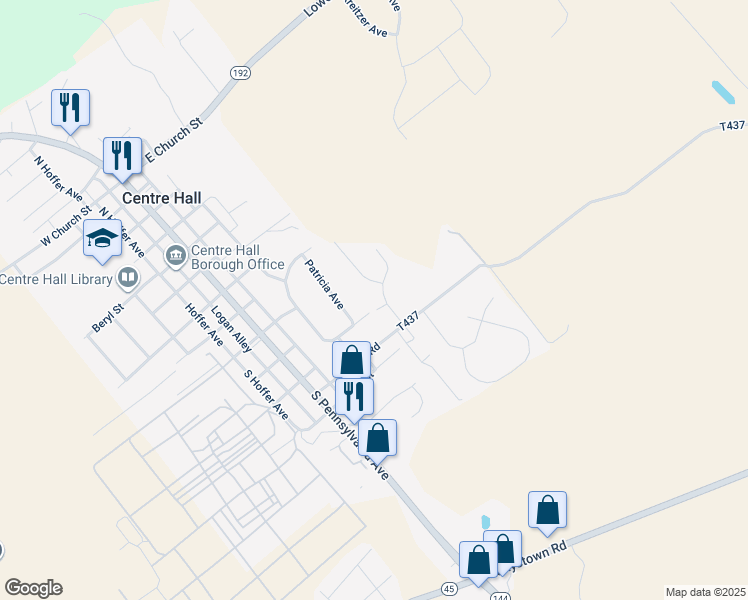 map of restaurants, bars, coffee shops, grocery stores, and more near Williams Street Ext in Centre Hall