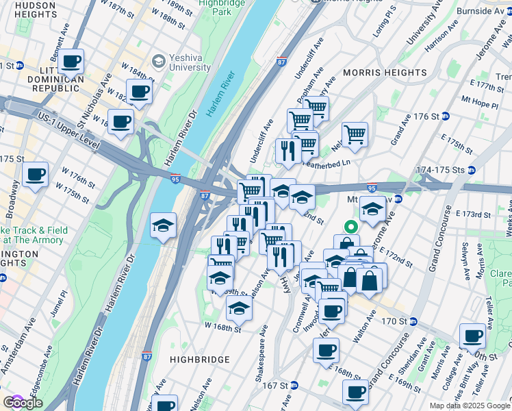 map of restaurants, bars, coffee shops, grocery stores, and more near University Ave & Ogden Ave in Bronx