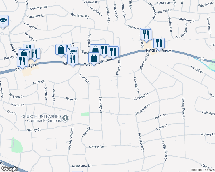 map of restaurants, bars, coffee shops, grocery stores, and more near 19 Bayberry Lane in Smithtown