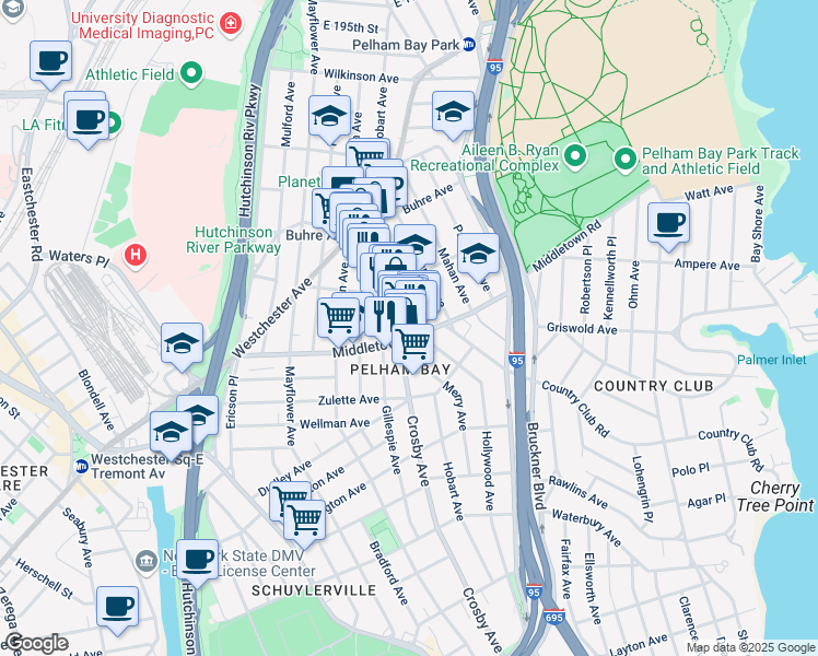 map of restaurants, bars, coffee shops, grocery stores, and more near 1631 Hobart Avenue in Bronx