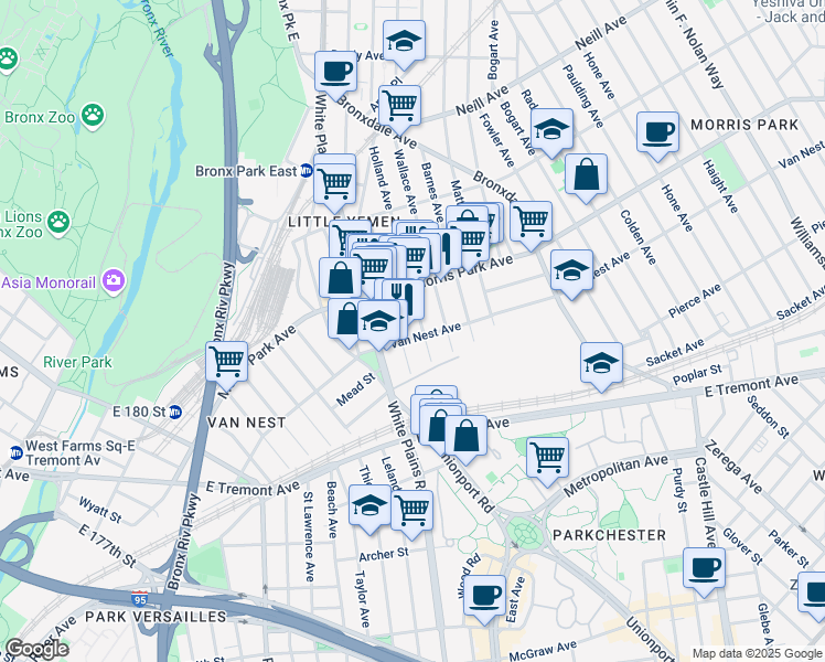 map of restaurants, bars, coffee shops, grocery stores, and more near in The Bronx