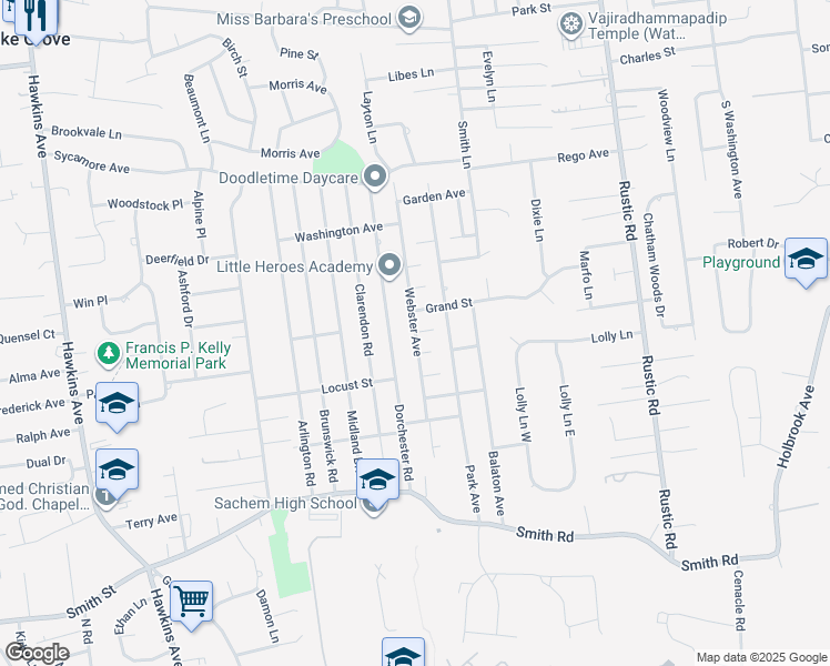 map of restaurants, bars, coffee shops, grocery stores, and more near Webster Avenue in Lake Ronkonkoma
