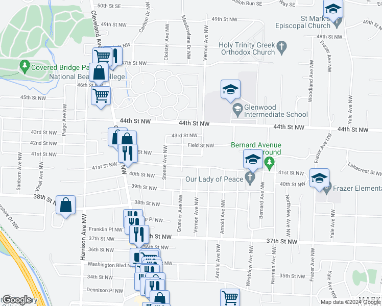 map of restaurants, bars, coffee shops, grocery stores, and more near 1413 42nd Street Northwest in Canton