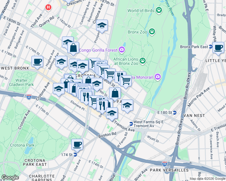map of restaurants, bars, coffee shops, grocery stores, and more near 2102 Honeywell Avenue in The Bronx