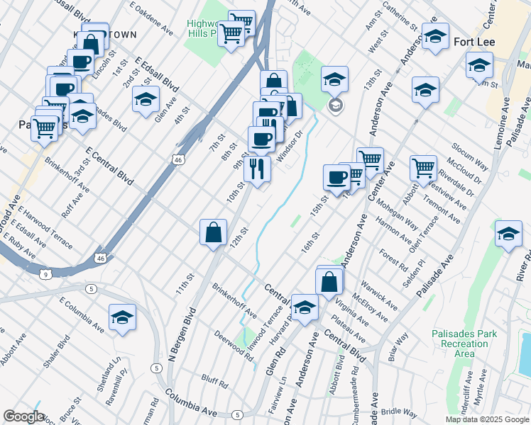 map of restaurants, bars, coffee shops, grocery stores, and more near 800 12th Street in Palisades Park