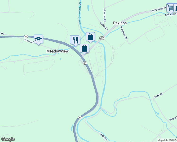 map of restaurants, bars, coffee shops, grocery stores, and more near 132 Main Street in Paxinos
