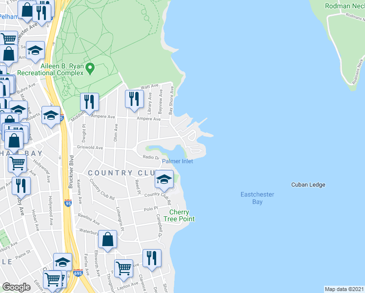 map of restaurants, bars, coffee shops, grocery stores, and more near 1516 Outlook Avenue in The Bronx