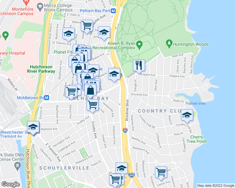map of restaurants, bars, coffee shops, grocery stores, and more near 3105 Middletown Road in Bronx