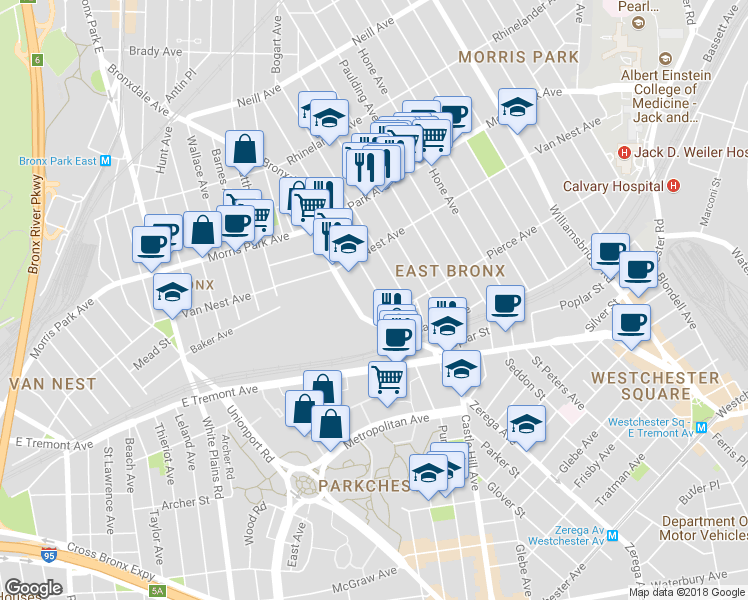 map of restaurants, bars, coffee shops, grocery stores, and more near 1644 Fowler Avenue in Bronx