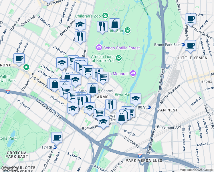map of restaurants, bars, coffee shops, grocery stores, and more near 2137 Vyse Avenue in Bronx