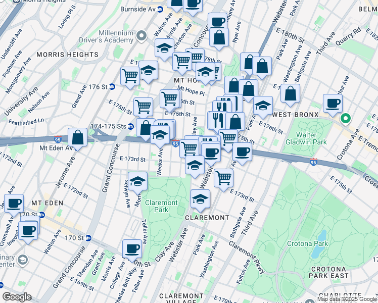 map of restaurants, bars, coffee shops, grocery stores, and more near 1744 Clay Avenue in Bronx