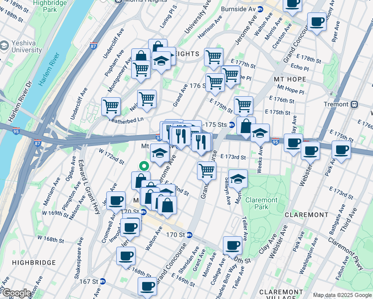 map of restaurants, bars, coffee shops, grocery stores, and more near in The Bronx