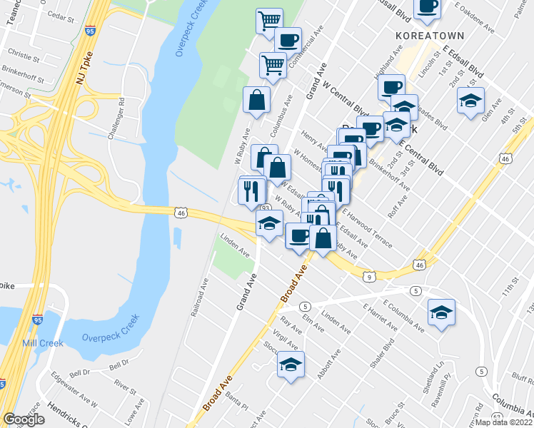 map of restaurants, bars, coffee shops, grocery stores, and more near 76 West Ruby Avenue in Palisades Park