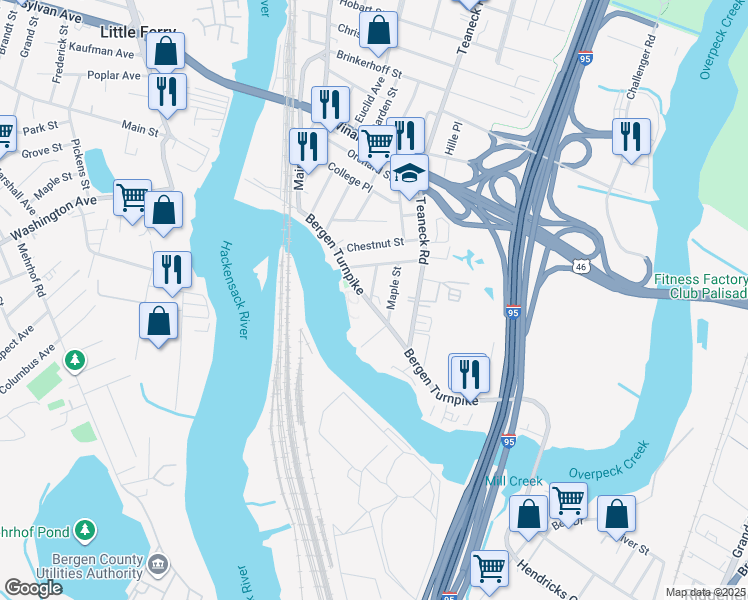 map of restaurants, bars, coffee shops, grocery stores, and more near 15 Oak Street in Ridgefield Park
