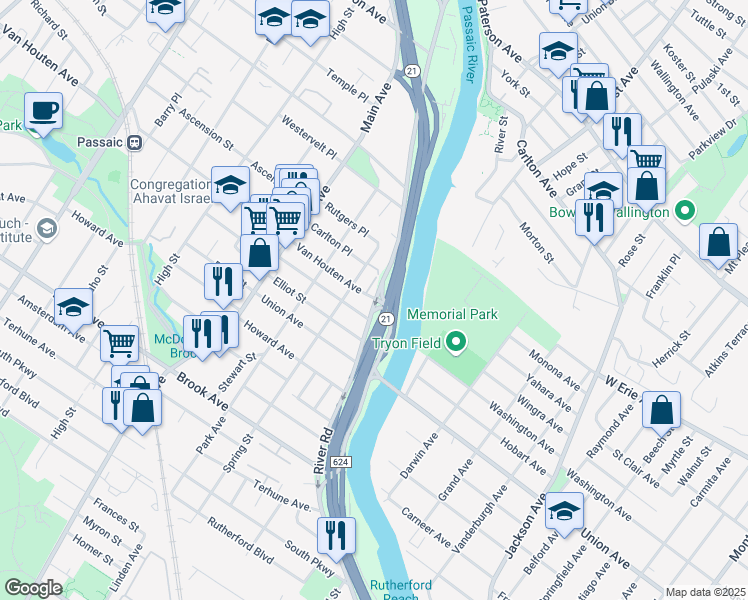 map of restaurants, bars, coffee shops, grocery stores, and more near 41 Spring Street in Passaic