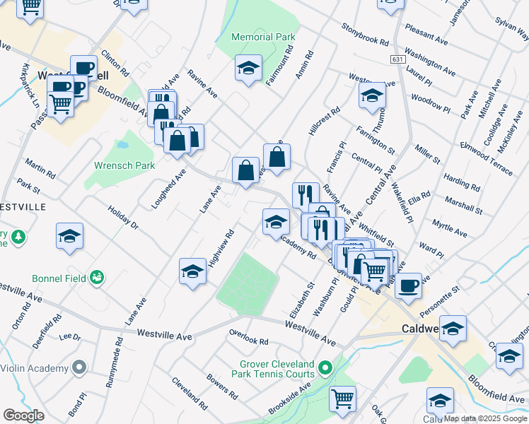 map of restaurants, bars, coffee shops, grocery stores, and more near 512 Bloomfield Avenue in Caldwell
