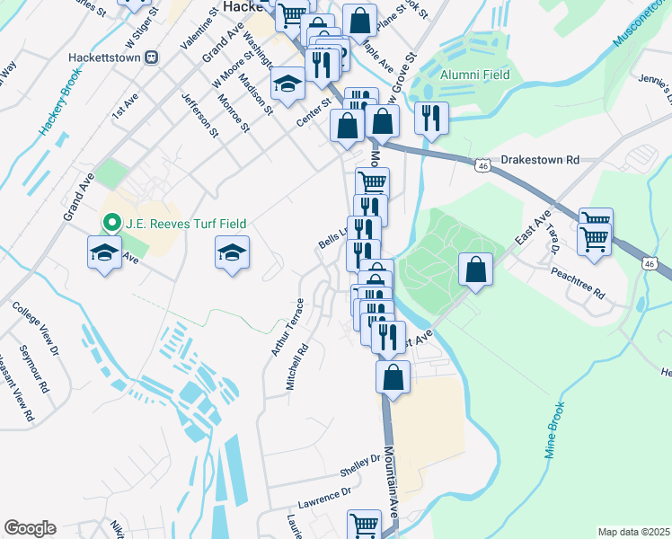 map of restaurants, bars, coffee shops, grocery stores, and more near 700-702 Bells Lane in Hackettstown