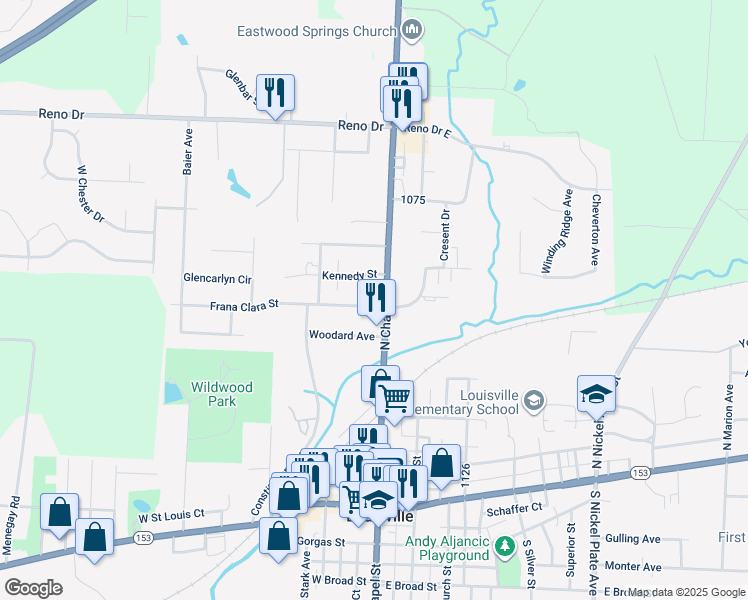 map of restaurants, bars, coffee shops, grocery stores, and more near 1111 North Chapel Street in Louisville