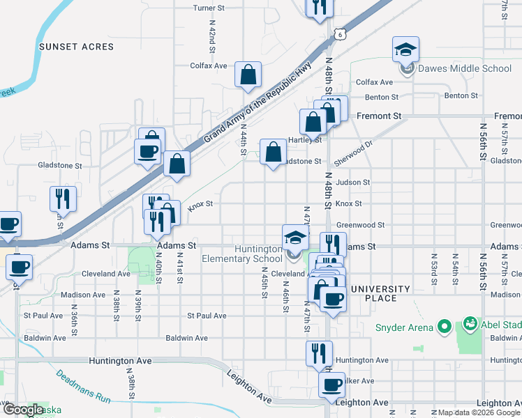 map of restaurants, bars, coffee shops, grocery stores, and more near 3220 North 44th Street in Lincoln