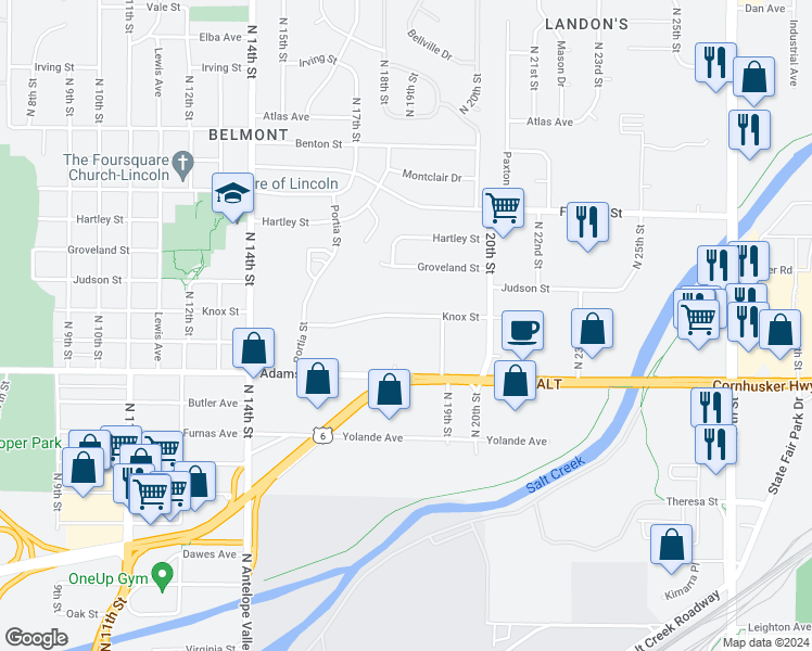 map of restaurants, bars, coffee shops, grocery stores, and more near 1822 Knox Street in Lincoln