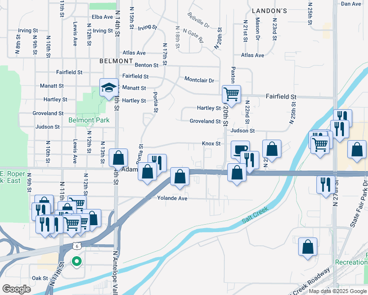 map of restaurants, bars, coffee shops, grocery stores, and more near 1660 Knox Street in Lincoln
